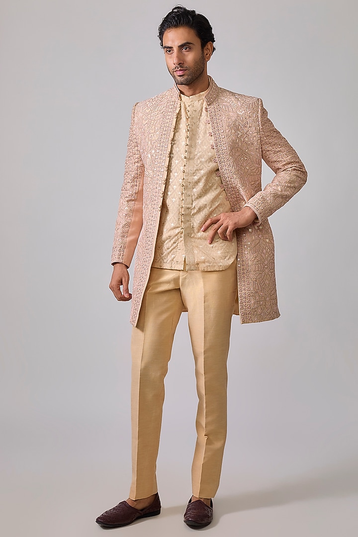 Peach Zari Silk Gota Embroidered Wedding Indowestern Set by sharad raghav men at Pernia's Pop Up Shop