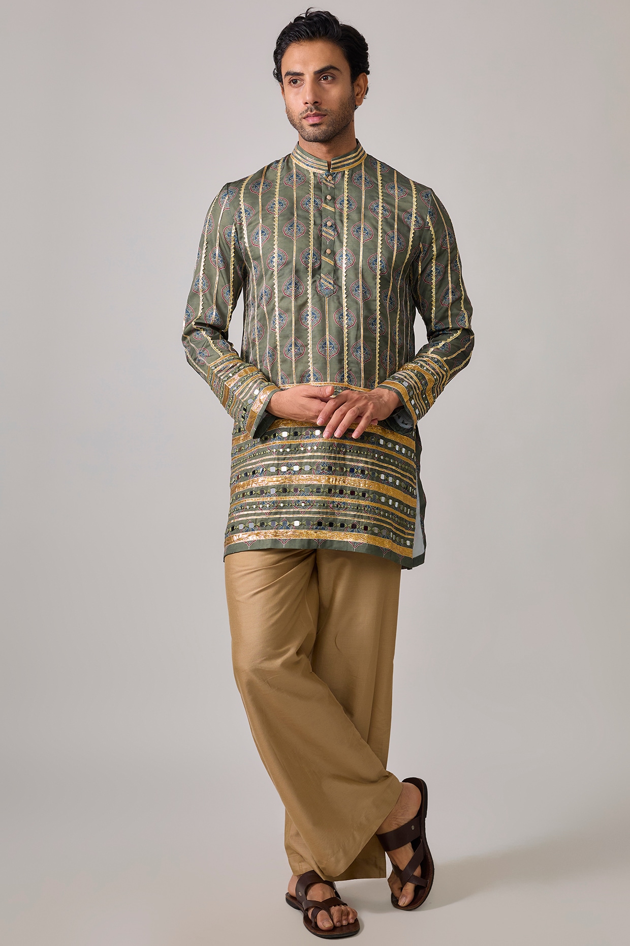 sharad raghav Pistol Green Modal Satin Mirror Embroidered & Digital Printed Kurta Set