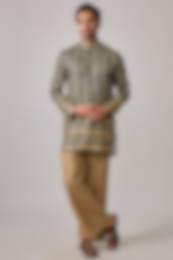 Pistol Green Modal Satin Mirror Embroidered & Digital Printed Kurta Set by sharad raghav men at Pernia's Pop Up Shop