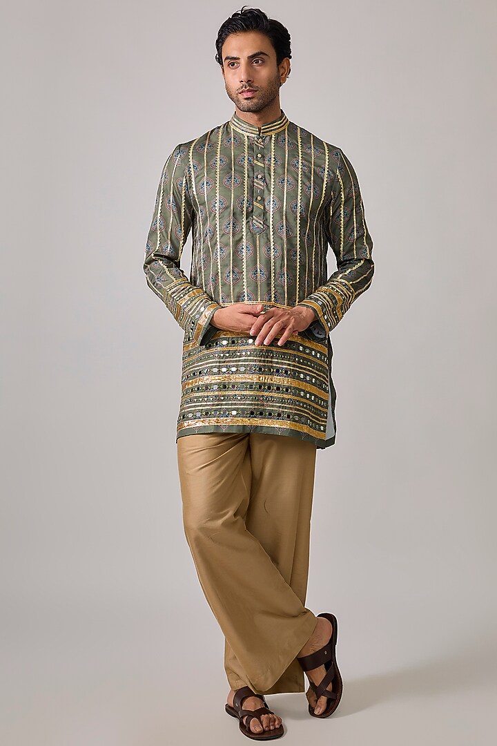 Pistol Green Modal Satin Mirror Embroidered & Digital Printed Kurta Set by sharad raghav men at Pernia's Pop Up Shop