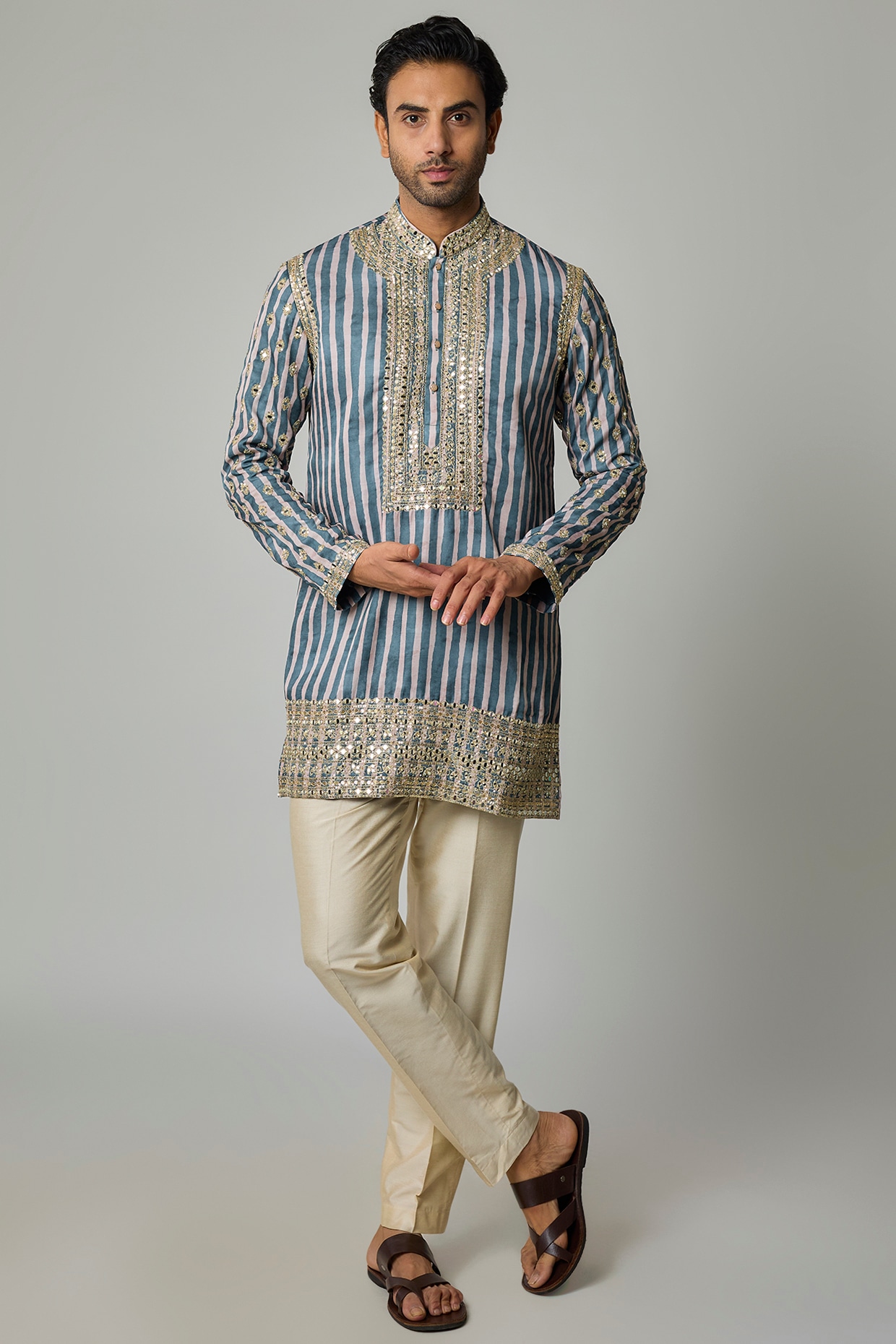sharad raghav Mint Blue Modal Satin Mirror Embroidered & Digital Printed Kurta Set