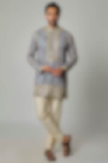 Mint Blue Modal Satin Mirror Embroidered & Digital Printed Kurta Set by sharad raghav men at Pernia's Pop Up Shop