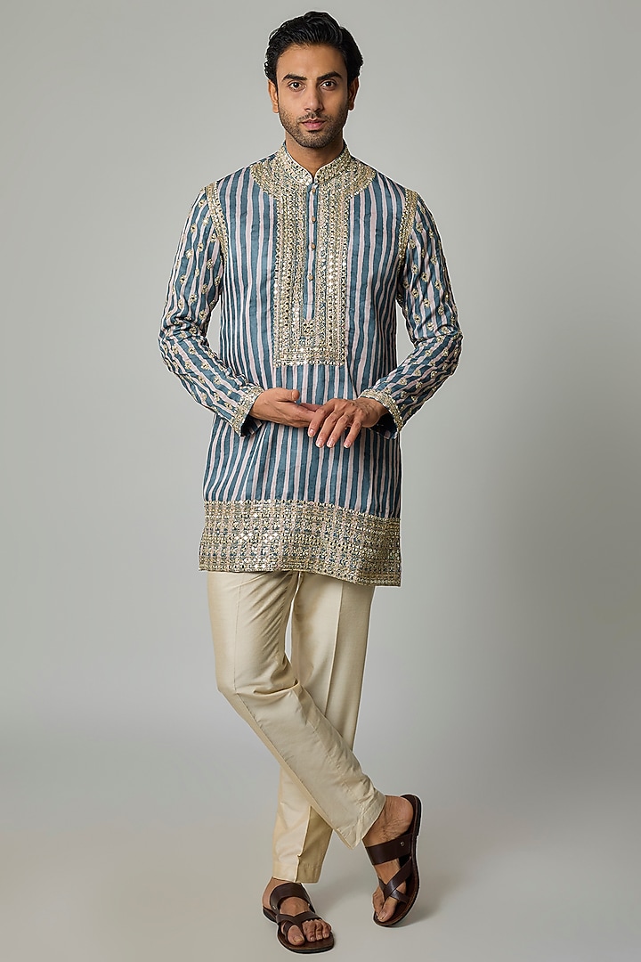 Mint Blue Modal Satin Mirror Embroidered & Digital Printed Kurta Set by sharad raghav men at Pernia's Pop Up Shop