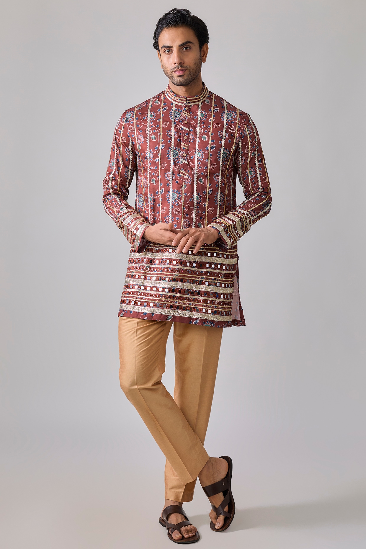 sharad raghav Brick Red Modal Satin Mirror Embroidered & Digital Printed Kurta Set