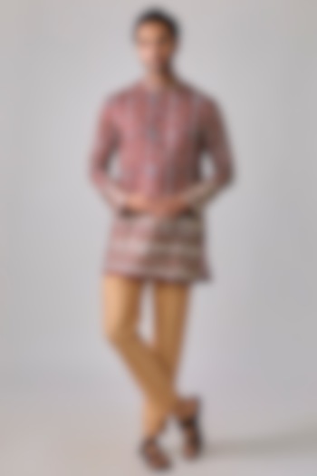 Brick Red Modal Satin Mirror Embroidered & Digital Printed Kurta Set by sharad raghav men at Pernia's Pop Up Shop
