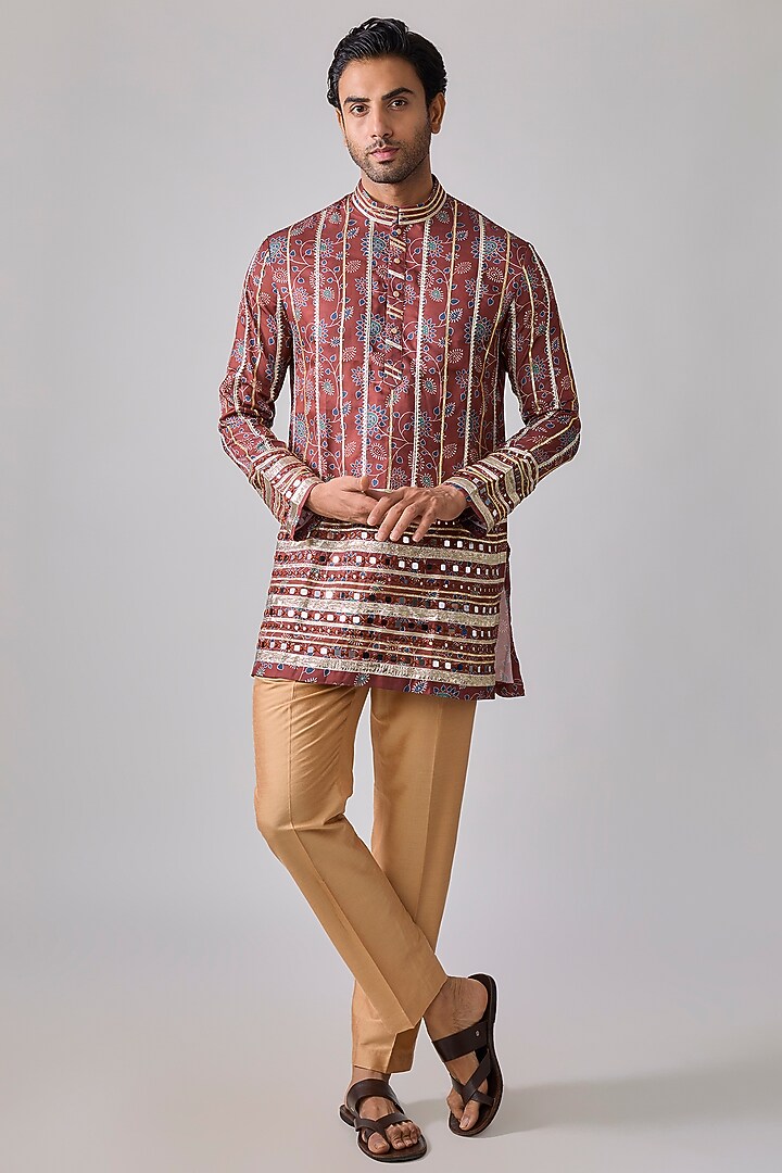 Brick Red Modal Satin Mirror Embroidered & Digital Printed Kurta Set by sharad raghav men at Pernia's Pop Up Shop