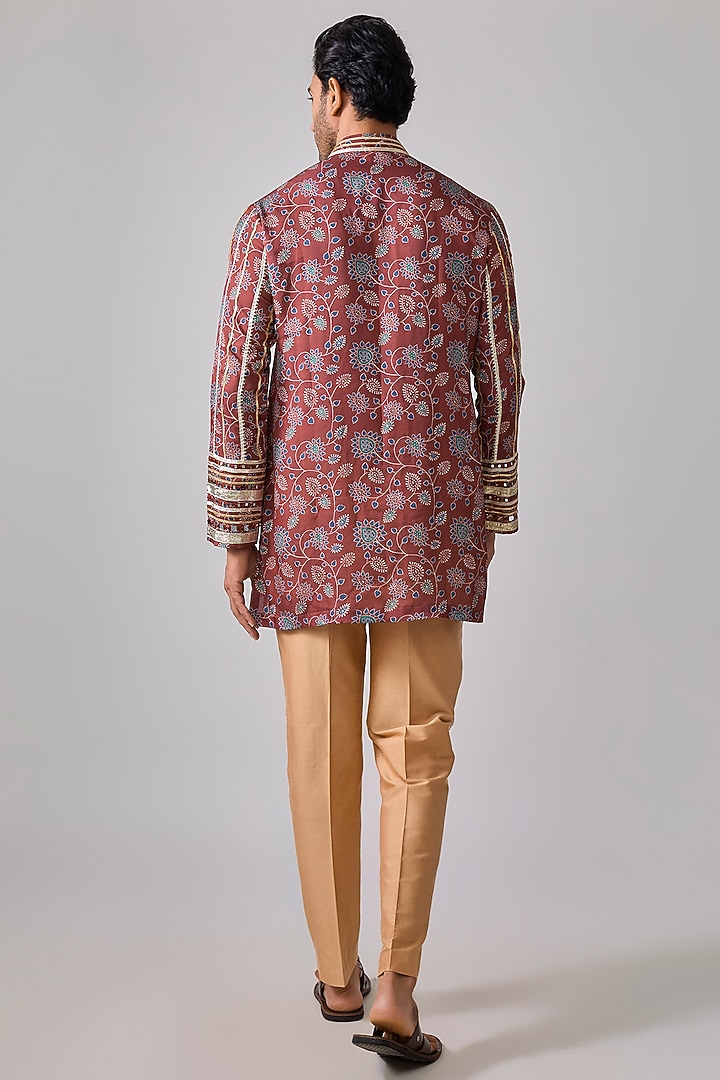 Brick Red Modal Satin Mirror Embroidered & Digital Printed Kurta Set by sharad raghav men at Pernia's Pop Up Shop