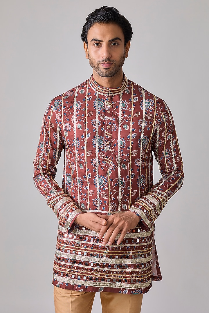 Brick Red Modal Satin Mirror Embroidered & Digital Printed Kurta Set by sharad raghav men at Pernia's Pop Up Shop