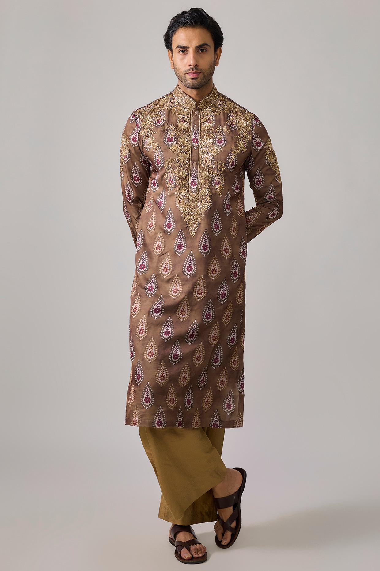 sharad raghav Yellow Ochre Modal Satin Resham Embroidered & Digital Printed Kurta Set