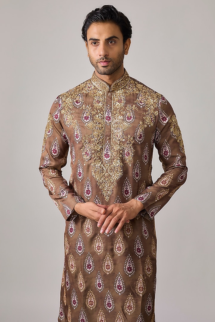 Yellow Ochre Modal Satin Resham Embroidered & Digital Printed Kurta Set by sharad raghav men at Pernia's Pop Up Shop