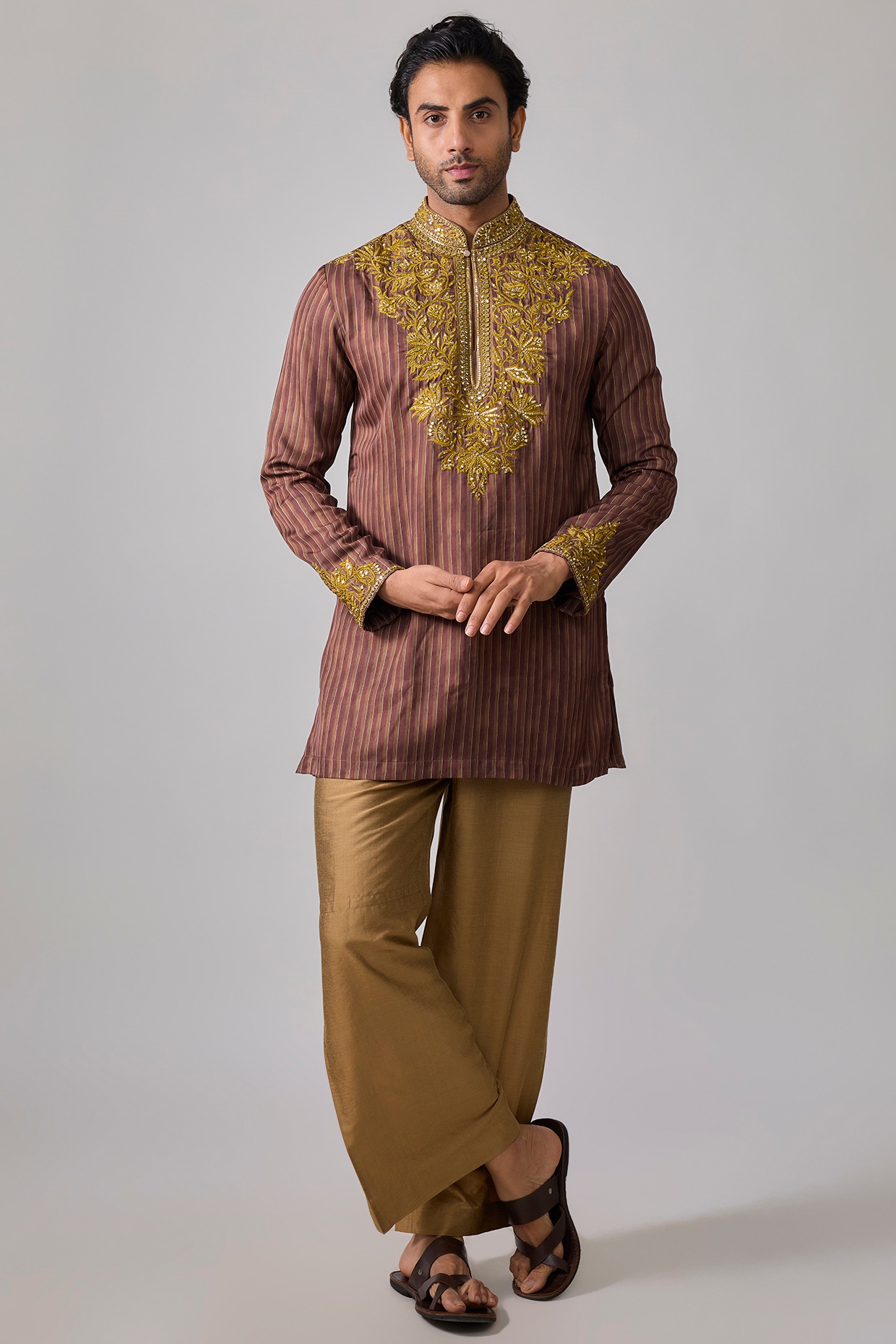 sharad raghav Burnt Amber Modal Satin Hand Embroidered & Digital Printed Kurta Set