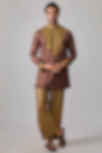 Burnt Amber Modal Satin Hand Embroidered & Digital Printed Kurta Set by sharad raghav men at Pernia's Pop Up Shop
