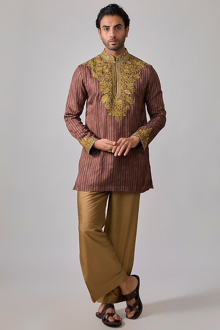 Burnt Amber Modal Satin Hand Embroidered & Digital Printed Kurta Set by sharad raghav men at Pernia's Pop Up Shop