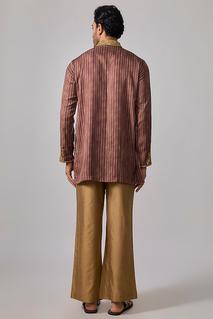 Burnt Amber Modal Satin Hand Embroidered & Digital Printed Kurta Set by sharad raghav men at Pernia's Pop Up Shop