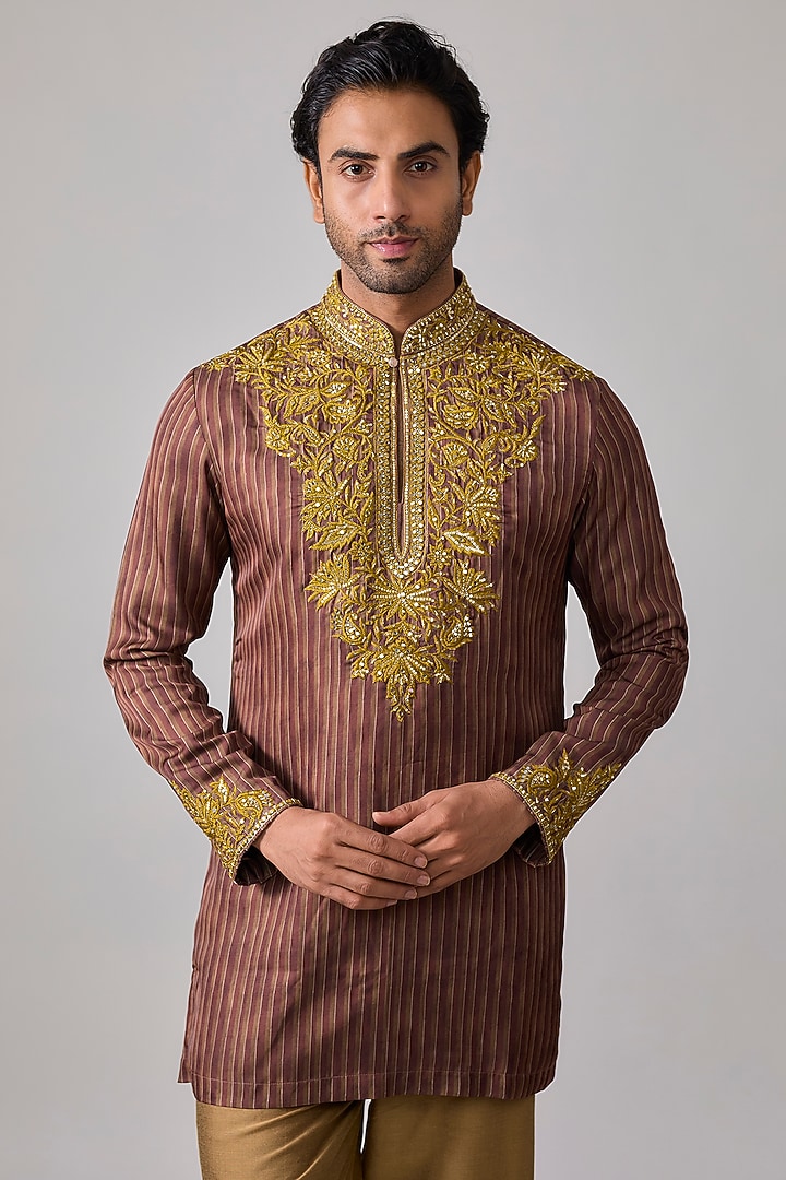 Burnt Amber Modal Satin Hand Embroidered & Digital Printed Kurta Set by sharad raghav men at Pernia's Pop Up Shop