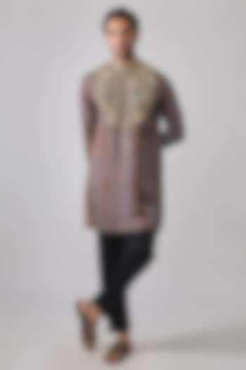 Maroon Modal Satin Hand Embroidered & Digital Printed Kurta Set by sharad raghav men at Pernia's Pop Up Shop