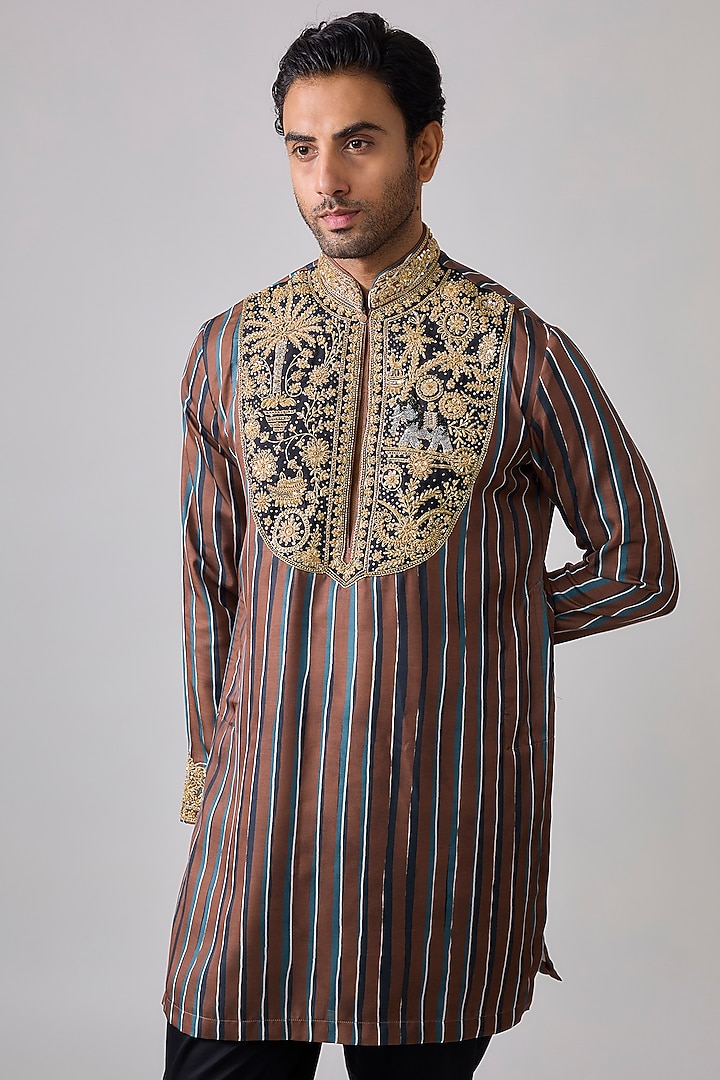 Maroon Modal Satin Hand Embroidered & Digital Printed Kurta Set by sharad raghav men at Pernia's Pop Up Shop