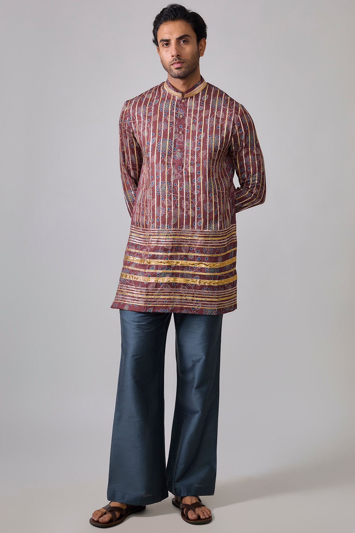 Sharad raghav Brick Red Modal Satin Digital Printed & Mirror Embroidered Kurta Set