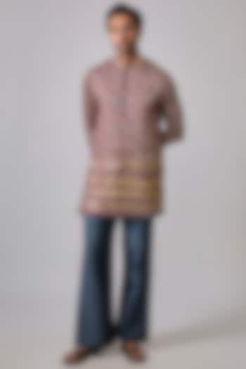 Brick Red Modal Satin Digital Printed & Mirror Embroidered Kurta Set by Sharad raghav men at Pernia's Pop Up Shop