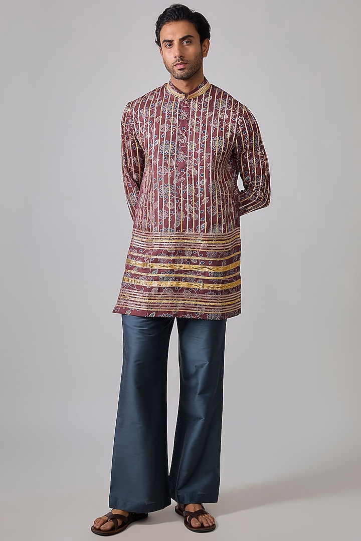 Brick Red Modal Satin Digital Printed & Mirror Embroidered Kurta Set by Sharad raghav men at Pernia's Pop Up Shop