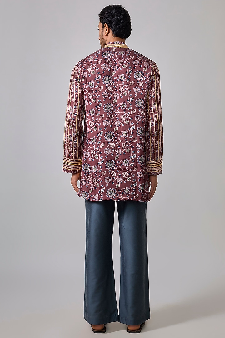 Brick Red Modal Satin Digital Printed & Mirror Embroidered Kurta Set by Sharad raghav men at Pernia's Pop Up Shop