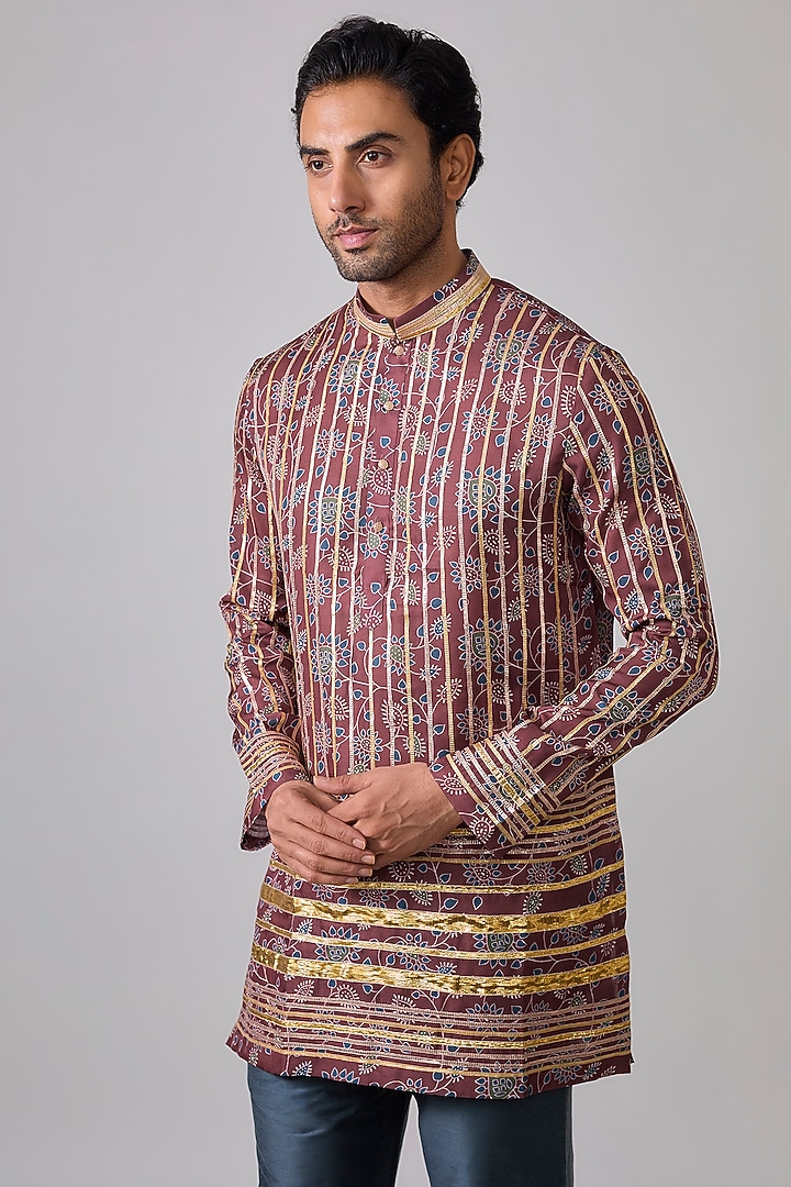 Brick Red Modal Satin Digital Printed & Mirror Embroidered Kurta Set by Sharad raghav men at Pernia's Pop Up Shop