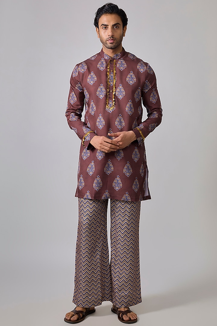 Purple Modal Silk Digital Printed & Embellished Kurta Set by Sharad raghav men at Pernia's Pop Up Shop