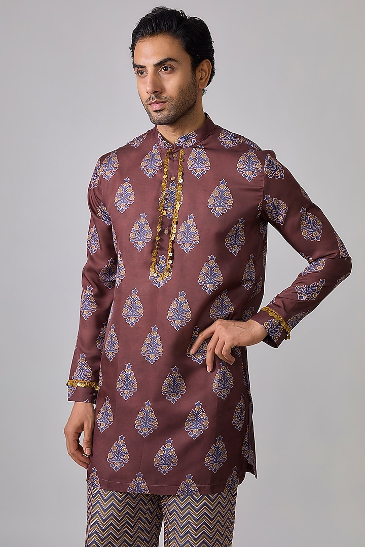 Purple Modal Silk Digital Printed & Embellished Kurta Set by Sharad raghav men at Pernia's Pop Up Shop
