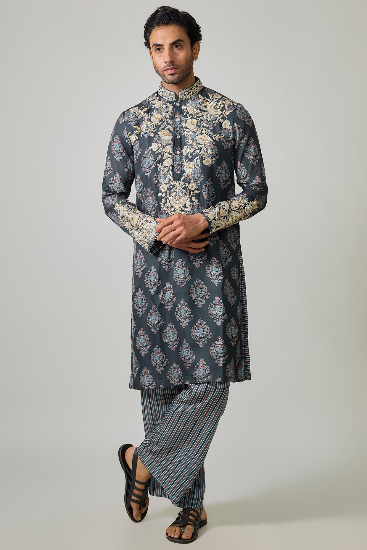 Sharad raghav Blue Modal Satin Digital Printed & Hand Embroidered Kurta Set