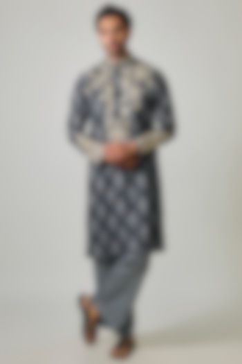 Blue Modal Satin Digital Printed & Hand Embroidered Kurta Set by Sharad raghav men at Pernia's Pop Up Shop