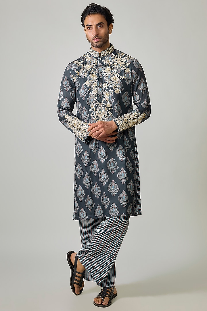 Blue Modal Satin Digital Printed & Hand Embroidered Kurta Set by Sharad raghav men at Pernia's Pop Up Shop