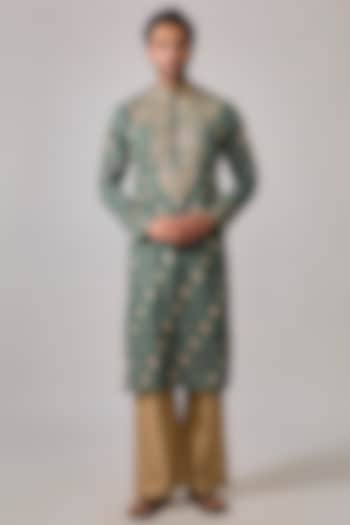 Mint Green Modal Satin Digital Printed & Hand Embroidered Kurta Set by Sharad raghav men at Pernia's Pop Up Shop