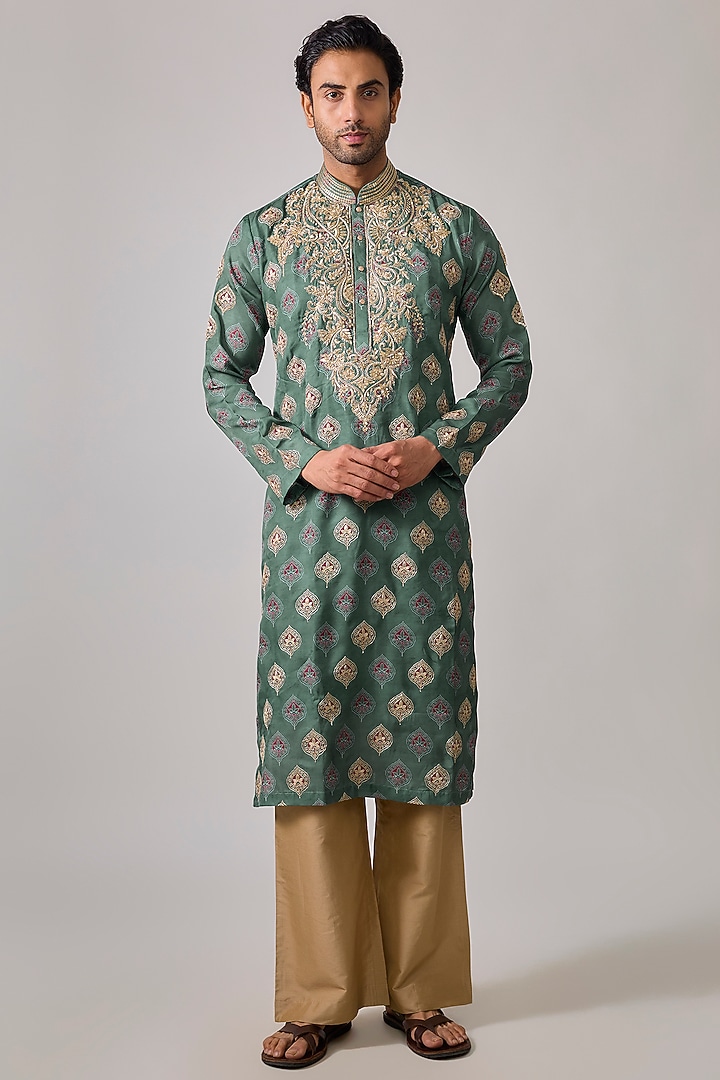Mint Green Modal Satin Digital Printed & Hand Embroidered Kurta Set by Sharad raghav men at Pernia's Pop Up Shop