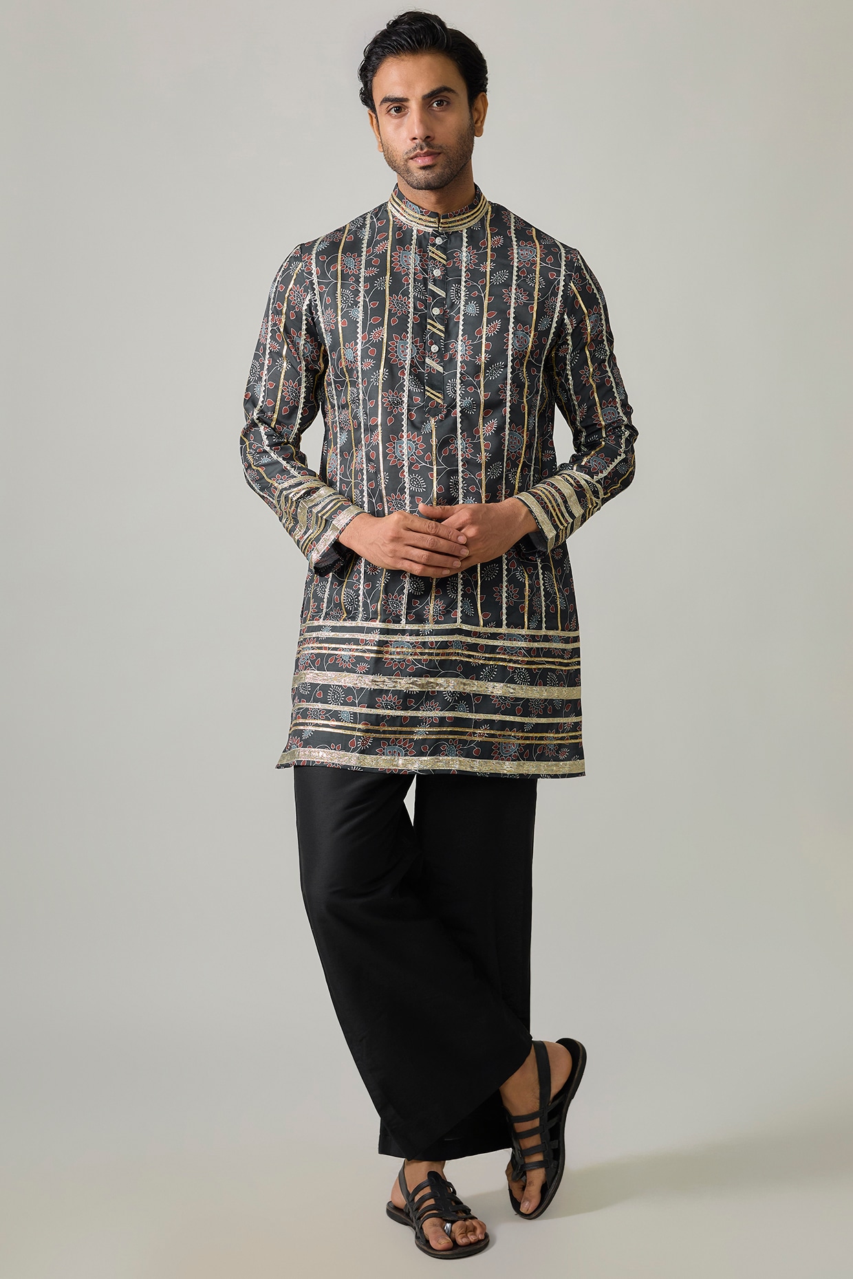 Sharad raghav Grey Modal Satin Digital Printed & Mirror Embroidered Kurta Set