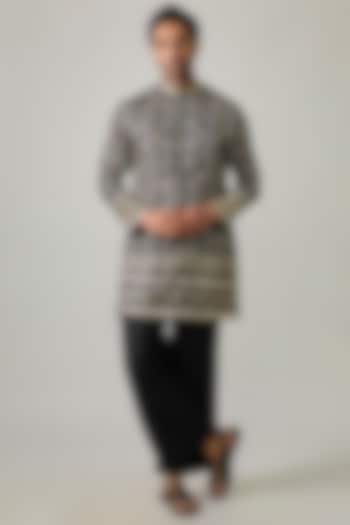 Grey Modal Satin Digital Printed & Mirror Embroidered Kurta Set by Sharad raghav men at Pernia's Pop Up Shop