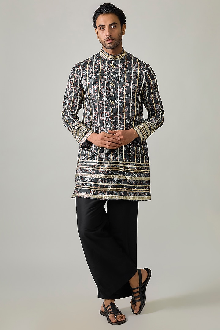 Grey Modal Satin Digital Printed & Mirror Embroidered Kurta Set by Sharad raghav men at Pernia's Pop Up Shop
