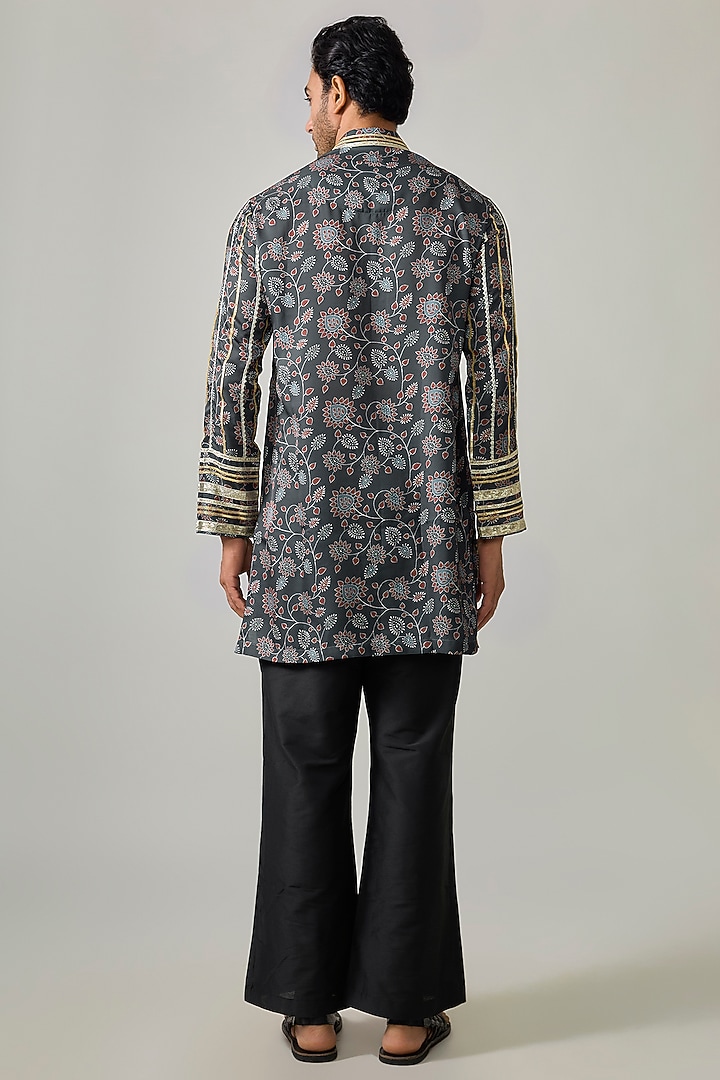 Grey Modal Satin Digital Printed & Mirror Embroidered Kurta Set by Sharad raghav men at Pernia's Pop Up Shop