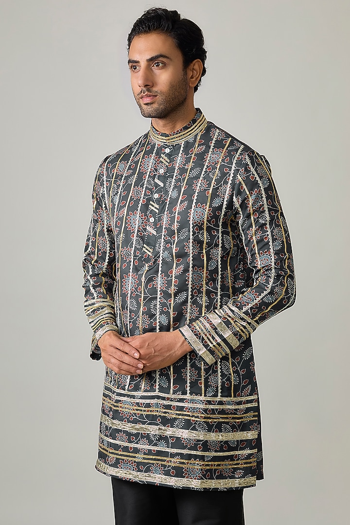 Grey Modal Satin Digital Printed & Mirror Embroidered Kurta Set by Sharad raghav men at Pernia's Pop Up Shop