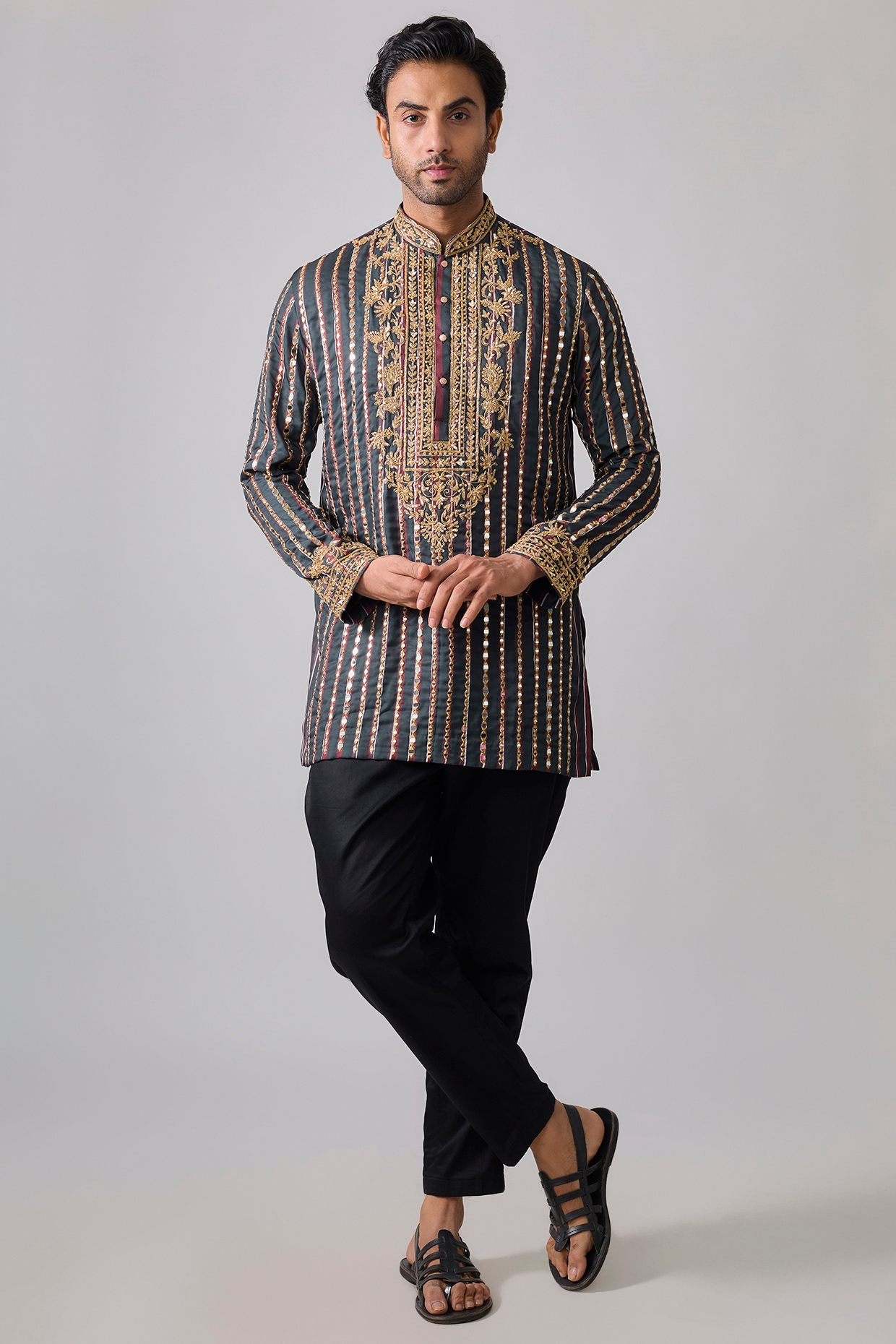 Sharad raghav Charcoal Grey Modal Satin Digital Printed & Hand Embroidered Kurta Set