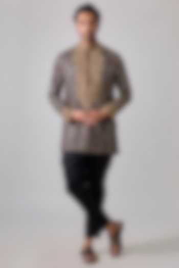 Charcoal Grey Modal Satin Digital Printed & Hand Embroidered Kurta Set by Sharad raghav men at Pernia's Pop Up Shop