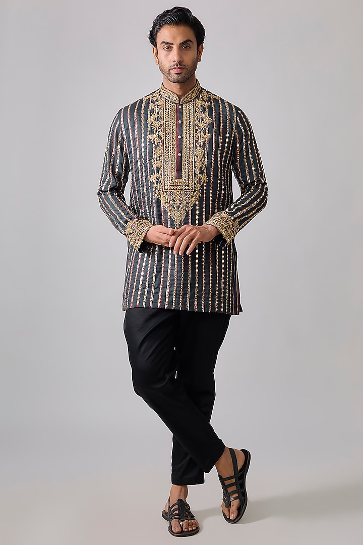 Charcoal Grey Modal Satin Digital Printed & Hand Embroidered Kurta Set by Sharad raghav men at Pernia's Pop Up Shop