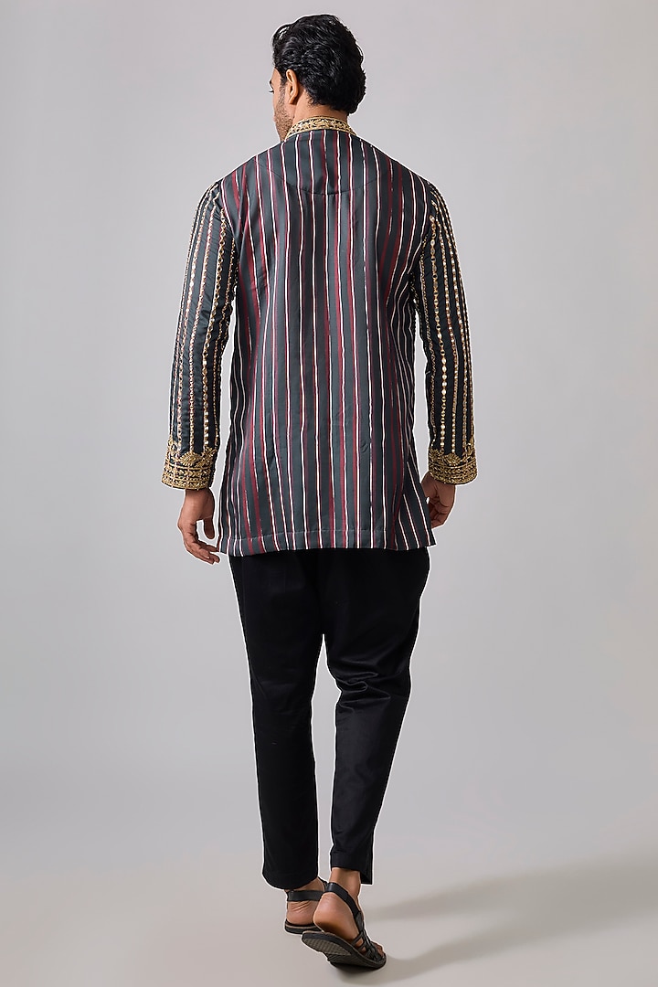 Charcoal Grey Modal Satin Digital Printed & Hand Embroidered Kurta Set by Sharad raghav men at Pernia's Pop Up Shop