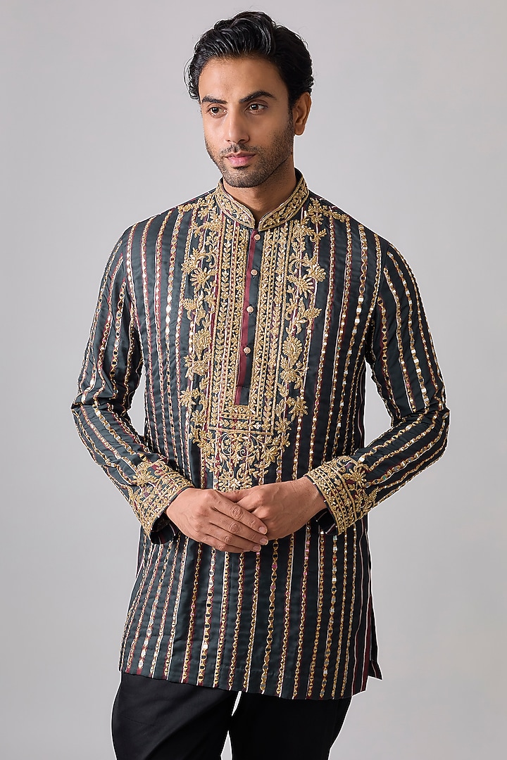 Charcoal Grey Modal Satin Digital Printed & Hand Embroidered Kurta Set by Sharad raghav men at Pernia's Pop Up Shop