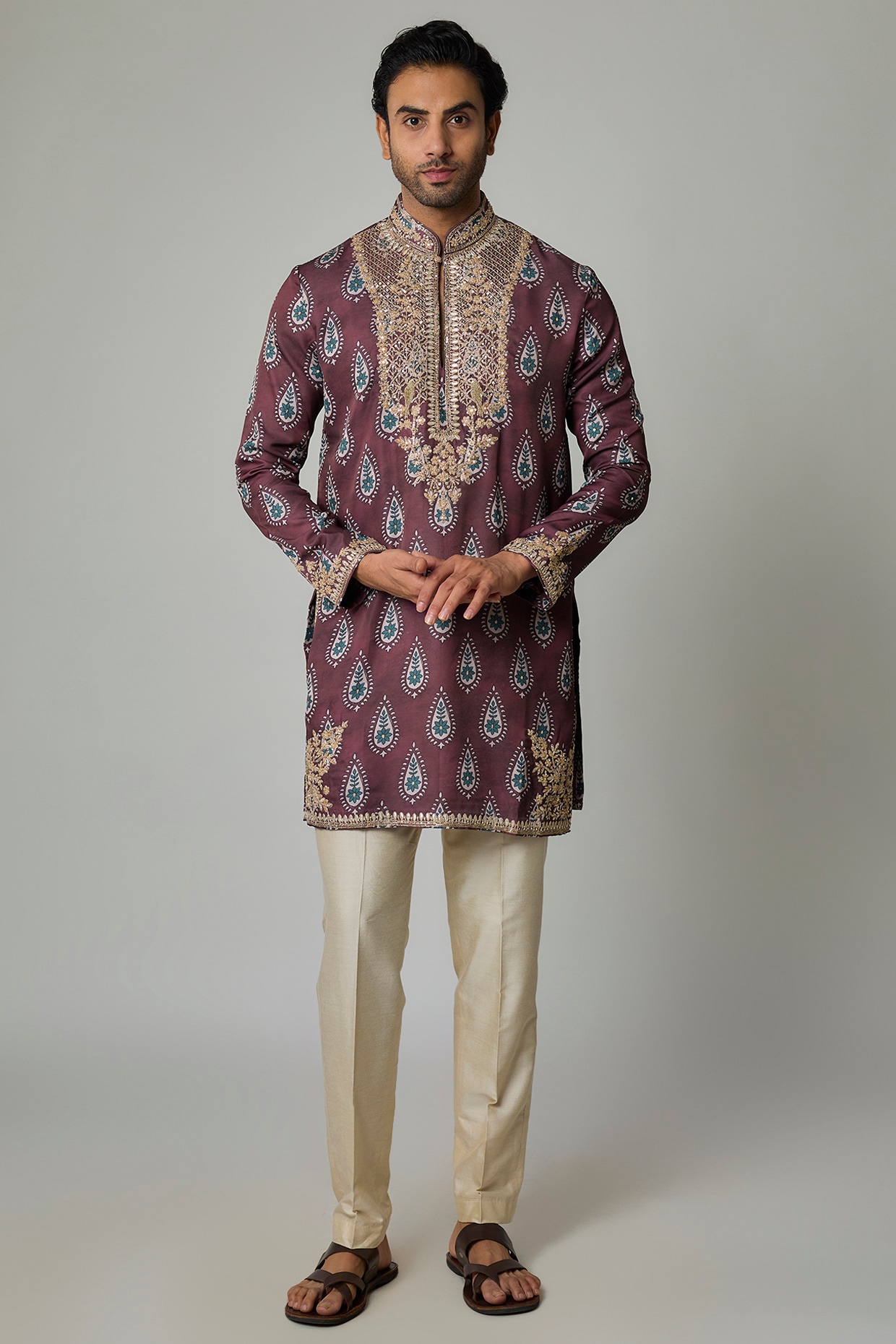 Sharad raghav Purple Modal Satin Digital Printed & Hand Embroidered Kurta Set