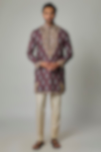 Purple Modal Satin Digital Printed & Hand Embroidered Kurta Set by Sharad raghav men at Pernia's Pop Up Shop