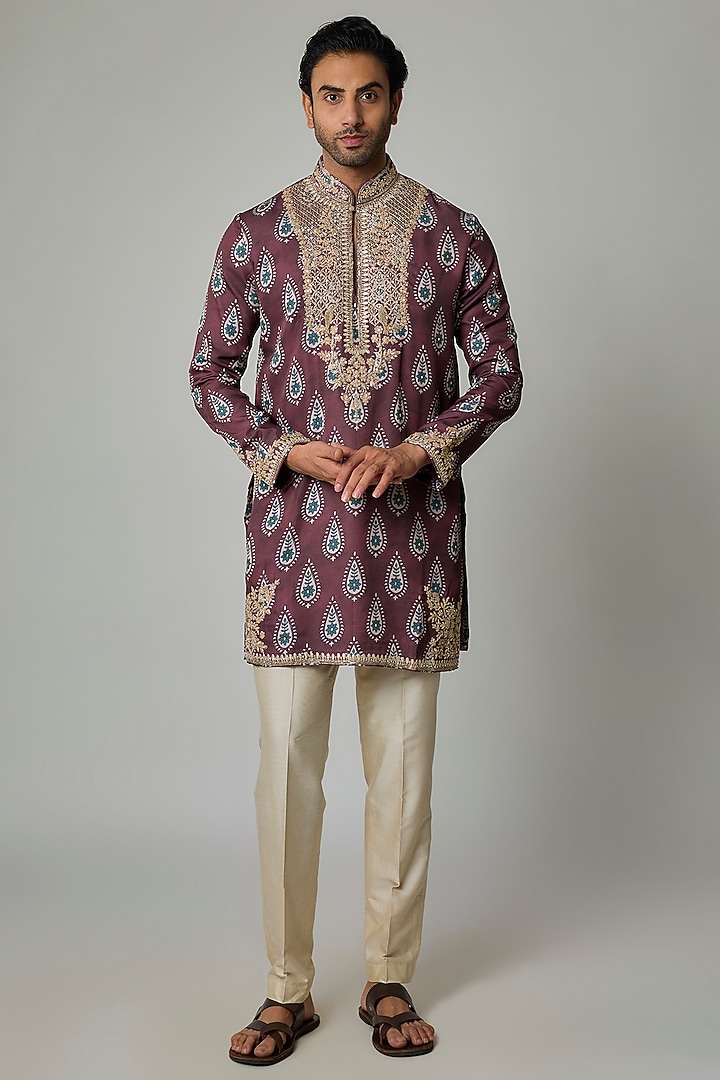 Purple Modal Satin Digital Printed & Hand Embroidered Kurta Set by Sharad raghav men at Pernia's Pop Up Shop