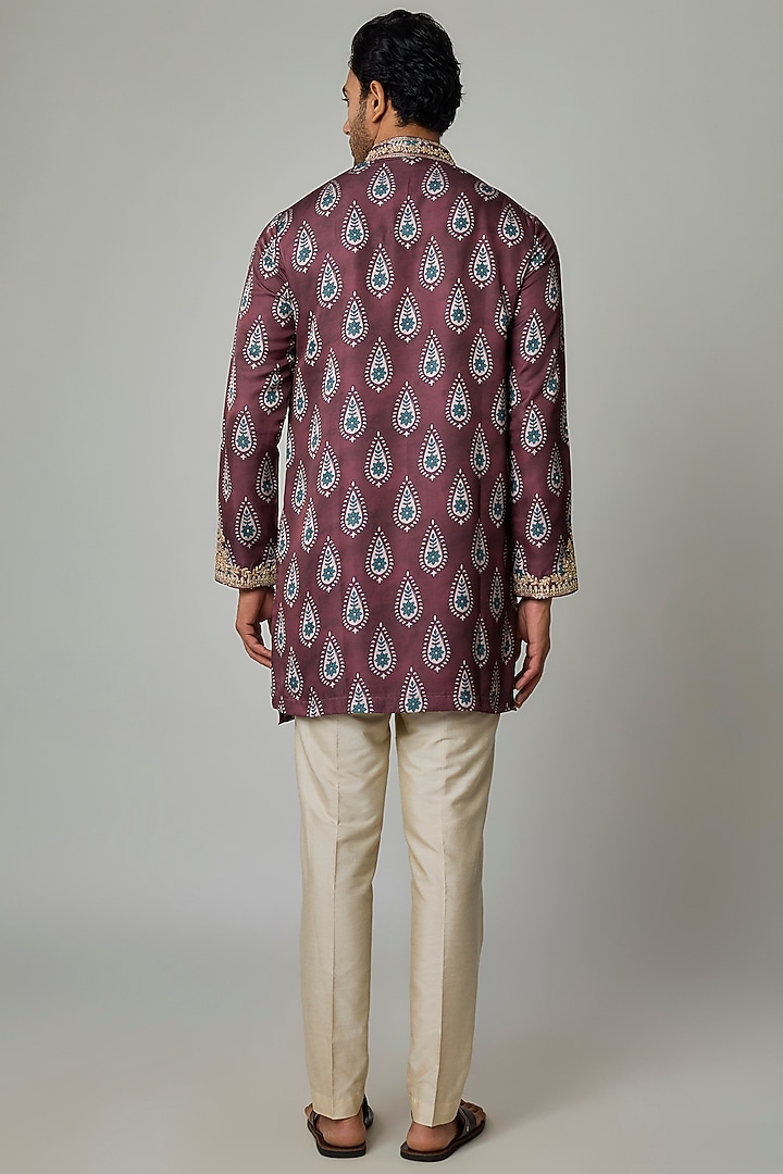 Purple Modal Satin Digital Printed & Hand Embroidered Kurta Set by Sharad raghav men at Pernia's Pop Up Shop