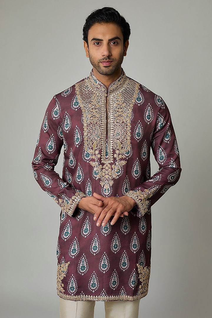 Purple Modal Satin Digital Printed & Hand Embroidered Kurta Set by Sharad raghav men at Pernia's Pop Up Shop
