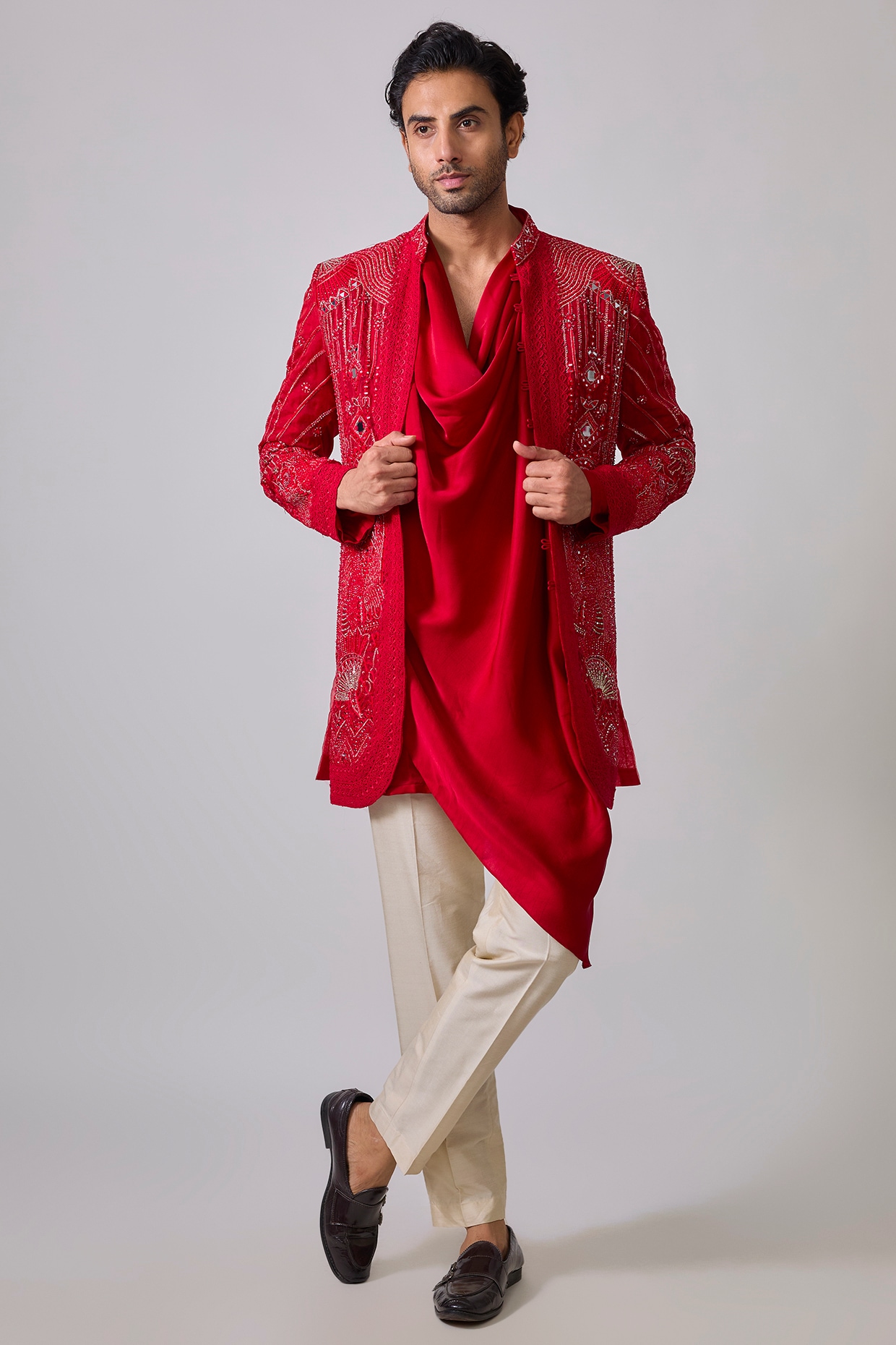 Sharad raghav Red Organza & Silk Resham Embroidered Indowestern Set