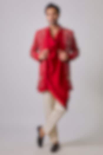 Red Organza & Silk Resham Embroidered Wedding Indowestern Set by Sharad raghav men at Pernia's Pop Up Shop